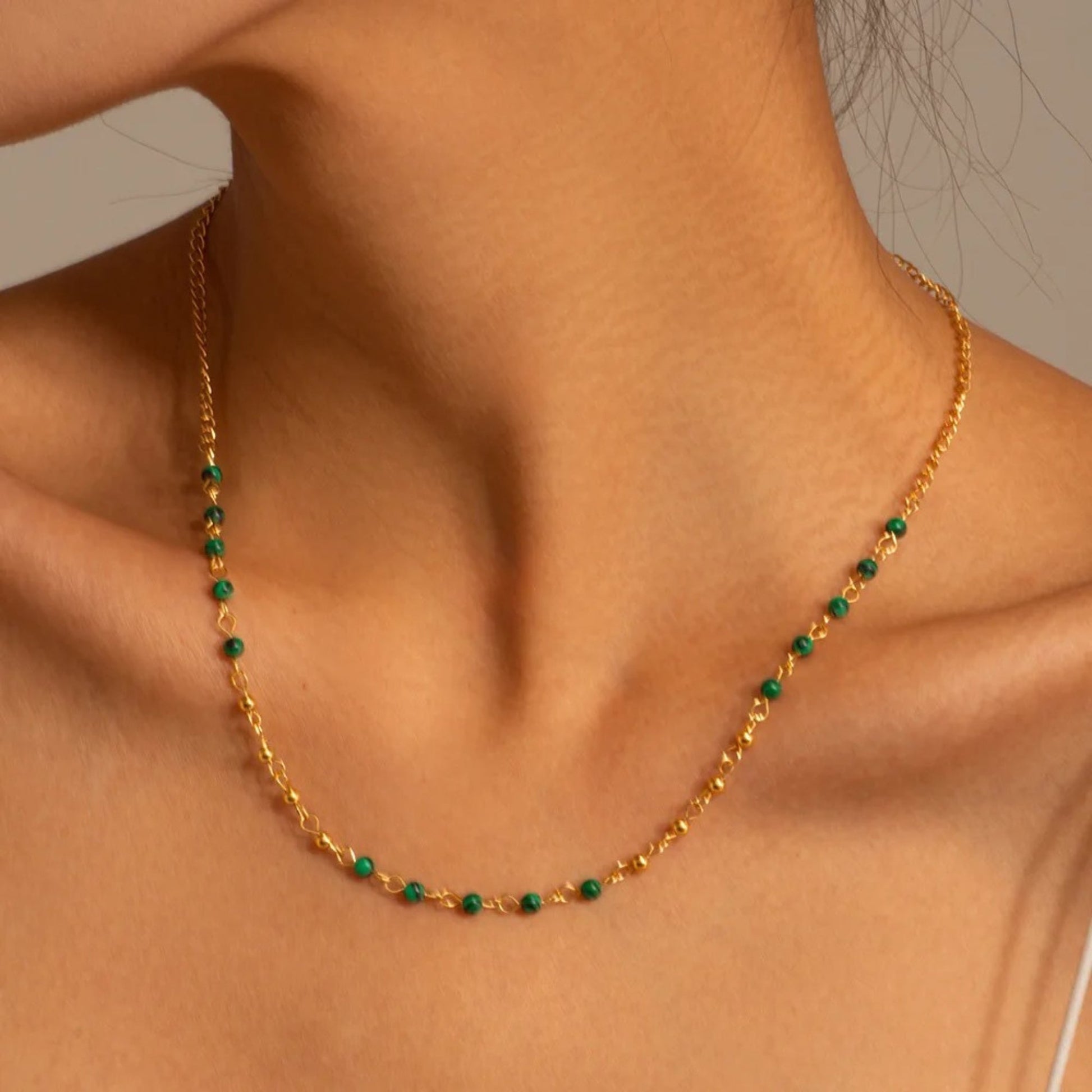 Green Beaded Gold Chain Necklace