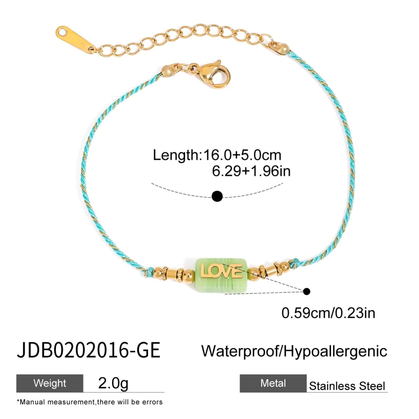 LOVE Letter Rope Bracelet — 18K Gold Stainless Steel, Adjustable Colorful Cord