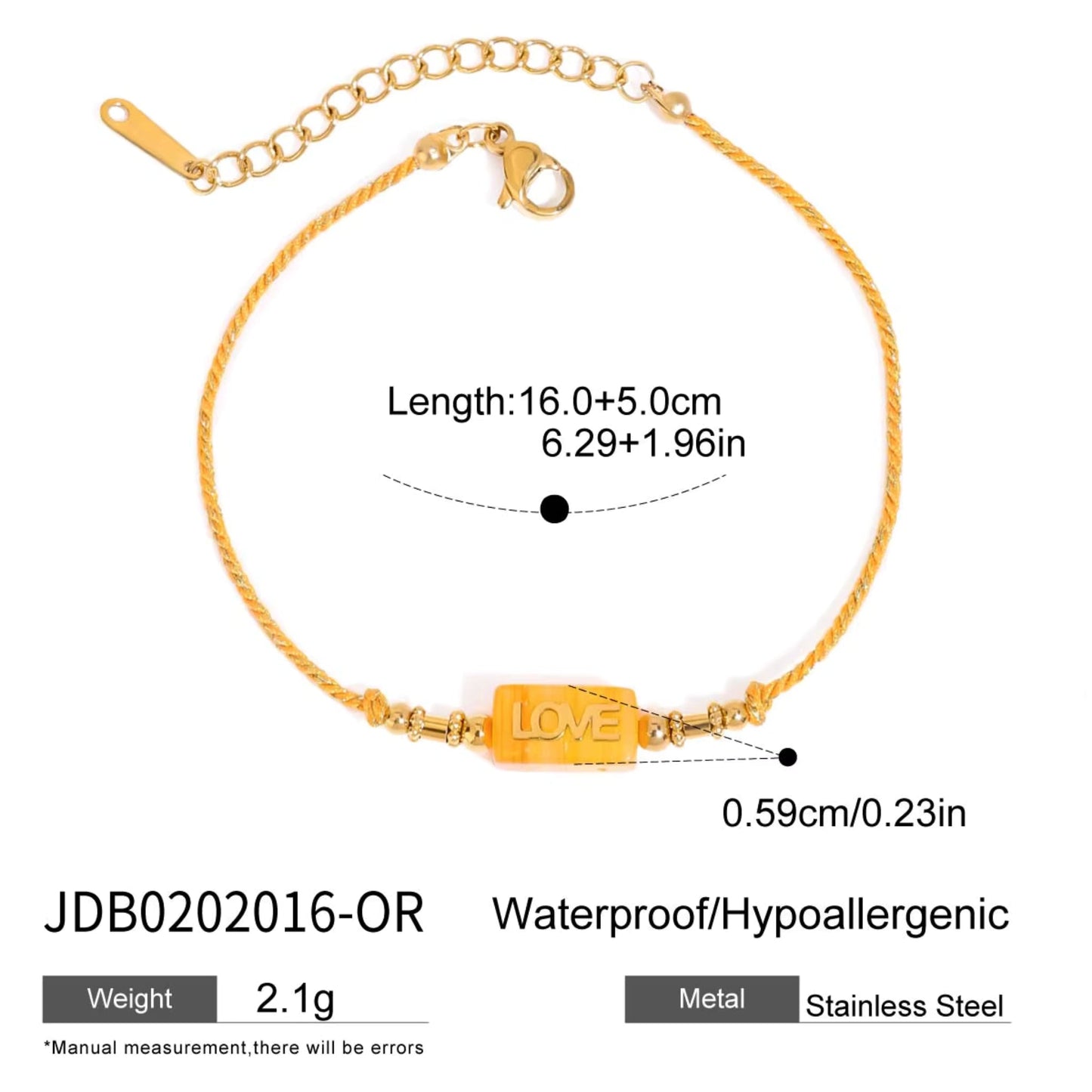 LOVE Letter Rope Bracelet — 18K Gold Stainless Steel, Adjustable Colorful Cord