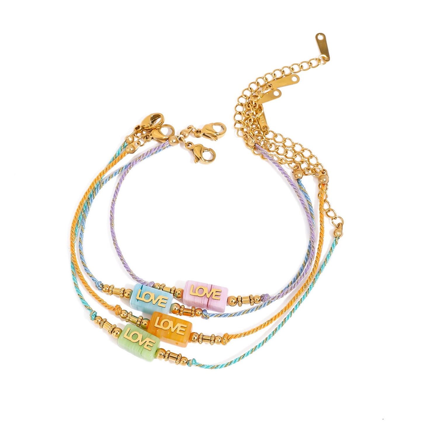 LOVE Letter Rope Bracelet — 18K Gold Stainless Steel, Adjustable Colorful Cord