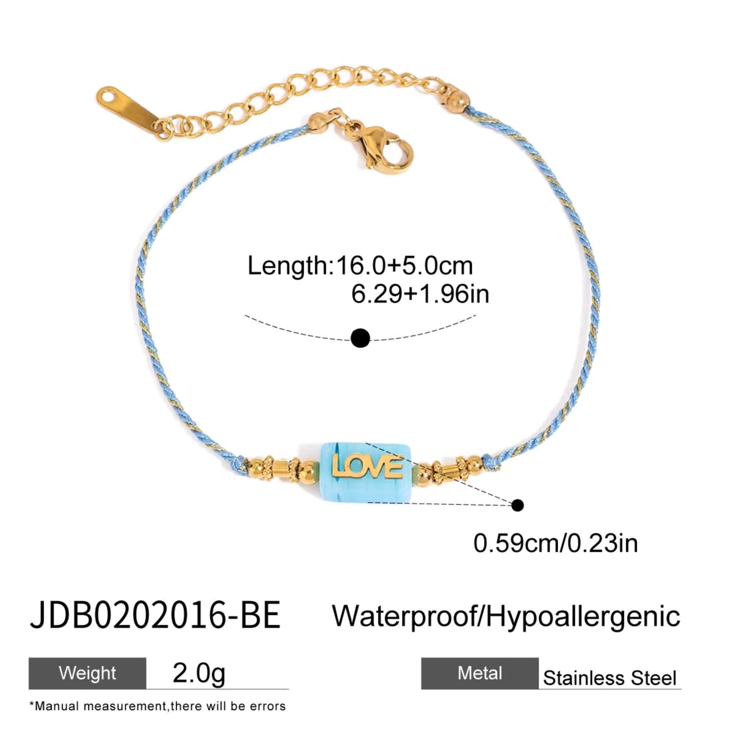 LOVE Letter Rope Bracelet — 18K Gold Stainless Steel, Adjustable Colorful Cord