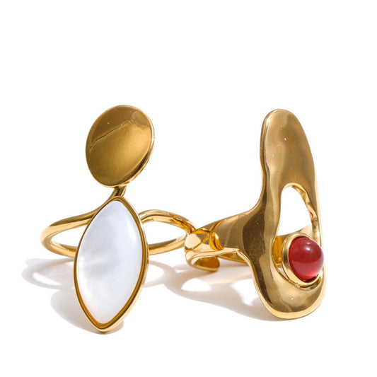 Luna Aura Adjustable Statement Gold Plated Ring — Red Agate & White Shell