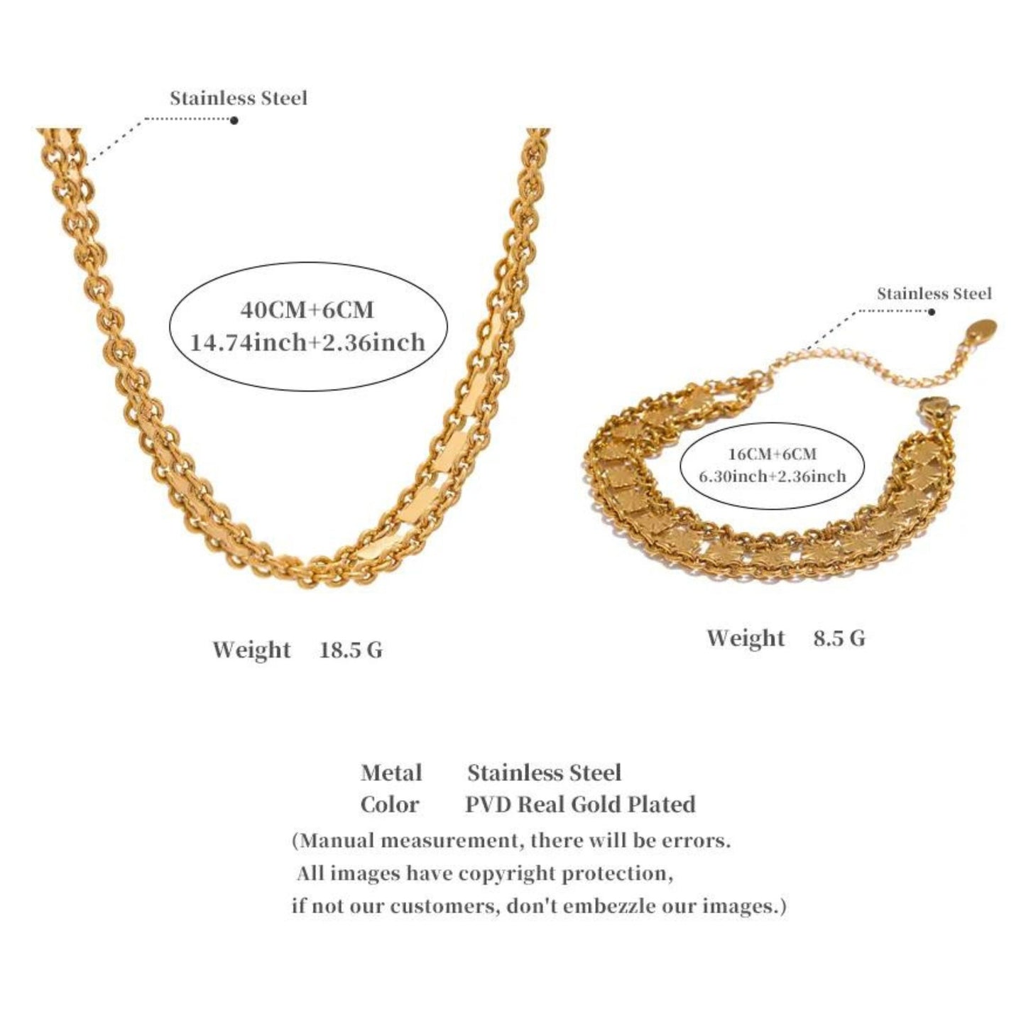 Luxe Double Chain Necklace and Bracelet 18K Gold Plated Set