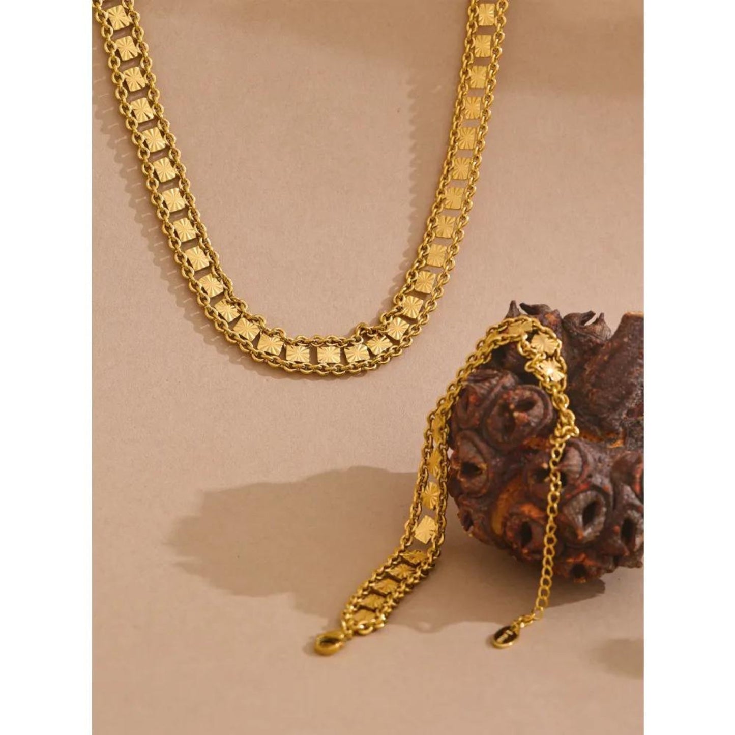 Luxe Double Chain Necklace and Bracelet 18K Gold Plated Set