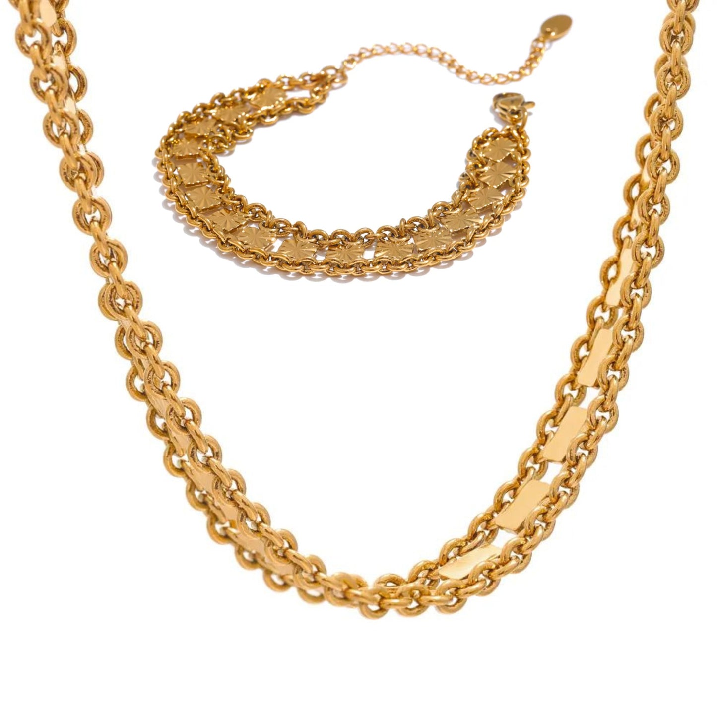 Luxe Double Chain Necklace and Bracelet 18K Gold Plated Set
