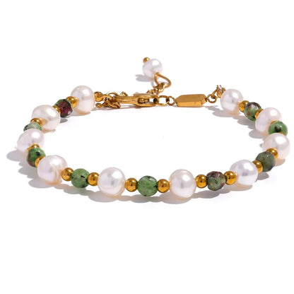 Natural Pearl & Stone 18k Gold-Plated Stainless Steel 18K Gold Plated Bracelet