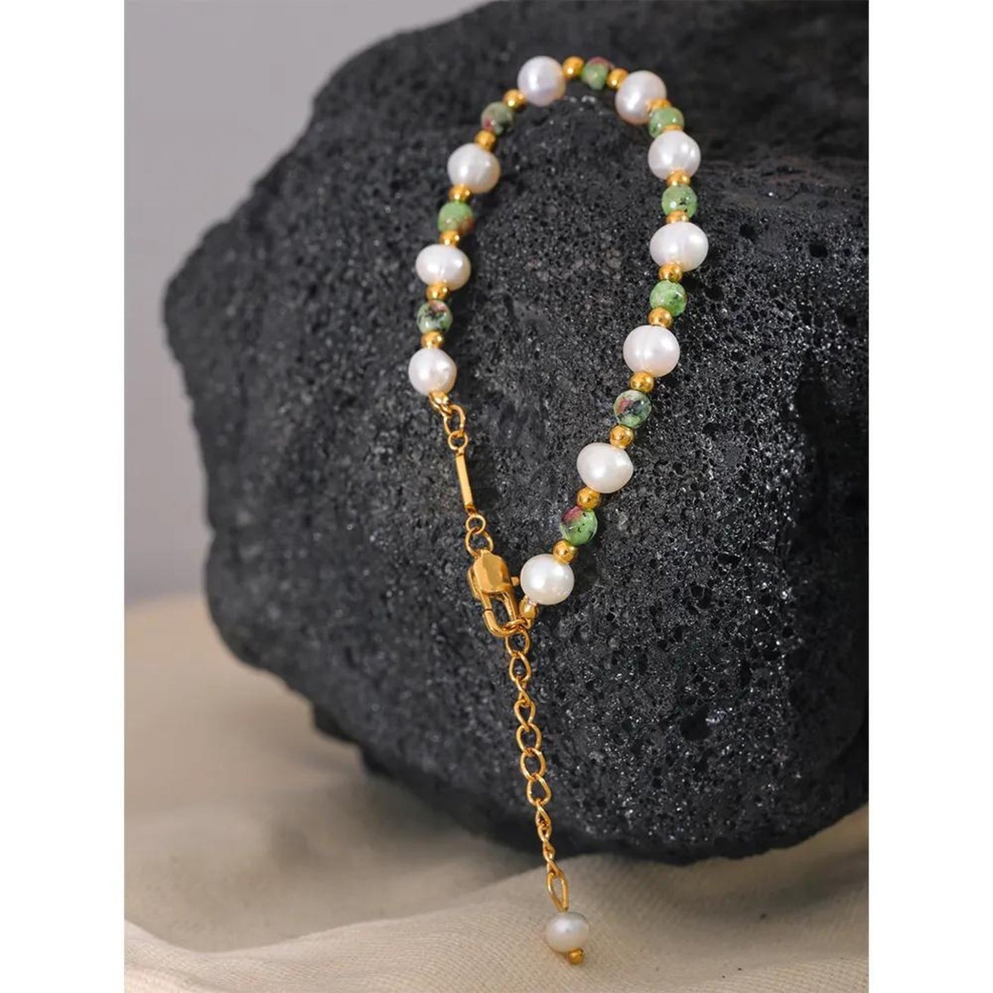 Natural Pearl & Stone 18k Gold-Plated Stainless Steel 18K Gold Plated Bracelet