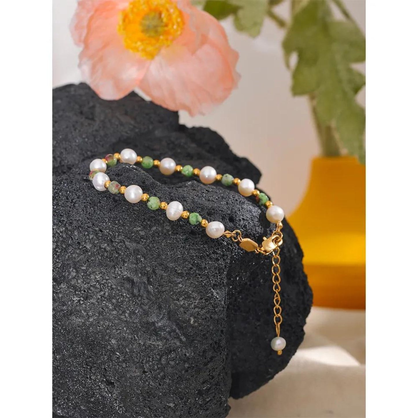 Natural Pearl & Stone 18k Gold-Plated Stainless Steel 18K Gold Plated Bracelet