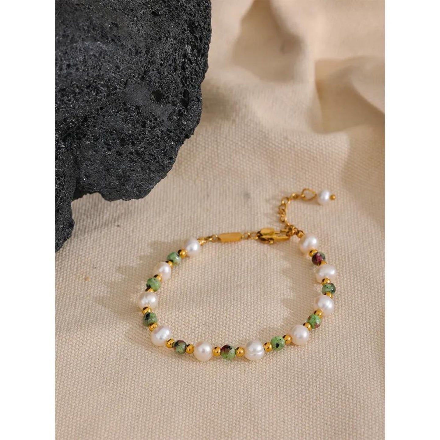 Natural Pearl & Stone 18k Gold-Plated Stainless Steel 18K Gold Plated Bracelet