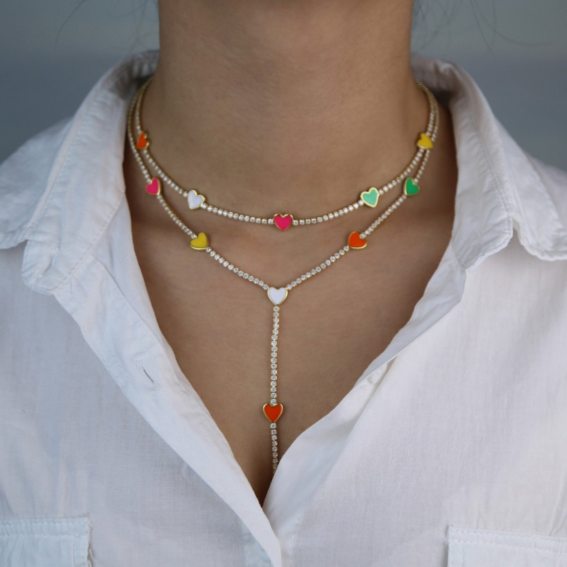 Rainbow Hearts Y-Shape Gold Plated Necklace