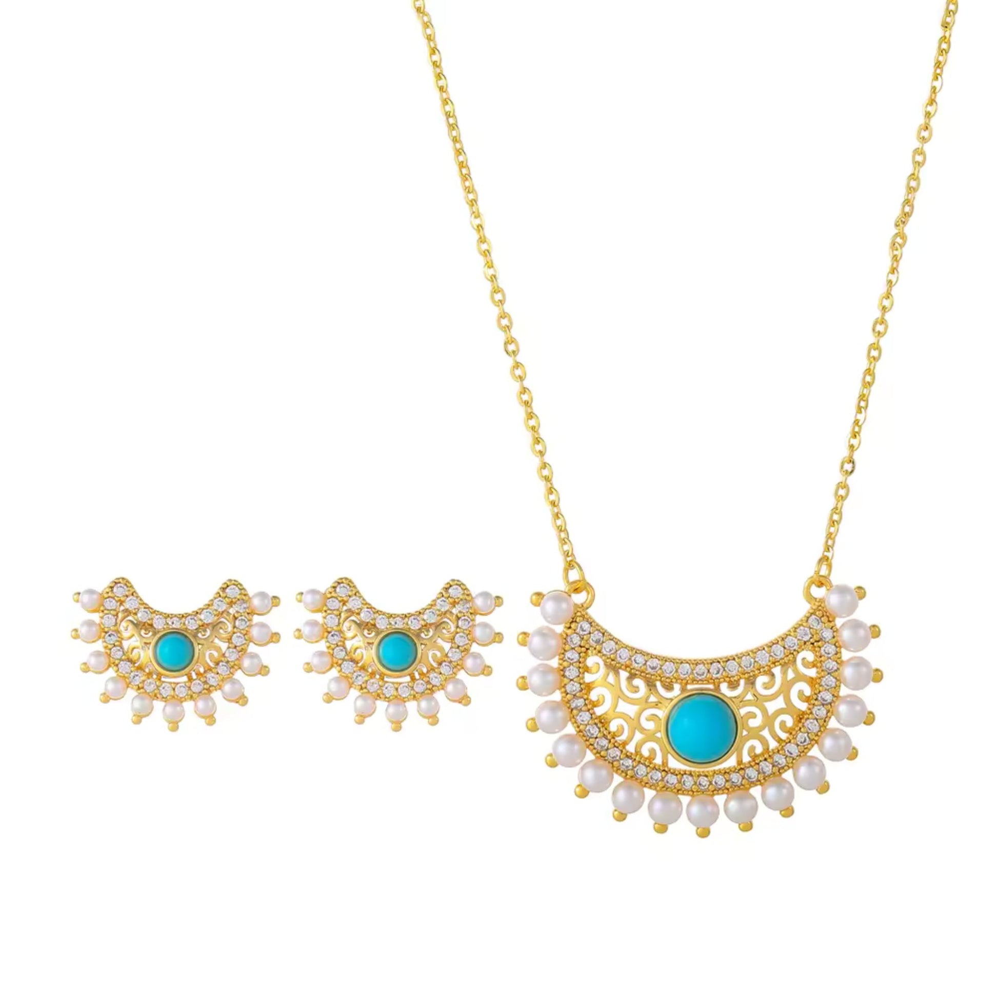 Retro Moon Crescent Turquoise and Diamond Pendant Necklace and Earrings Set