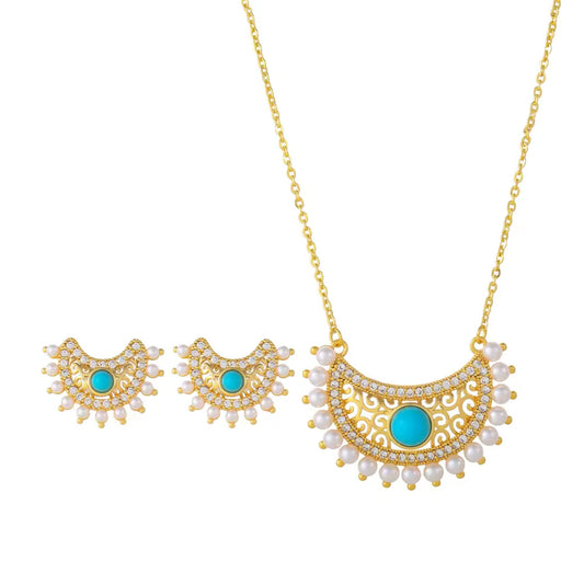 Retro Moon Crescent Turquoise and Diamond Pendant Necklace and Earrings Set