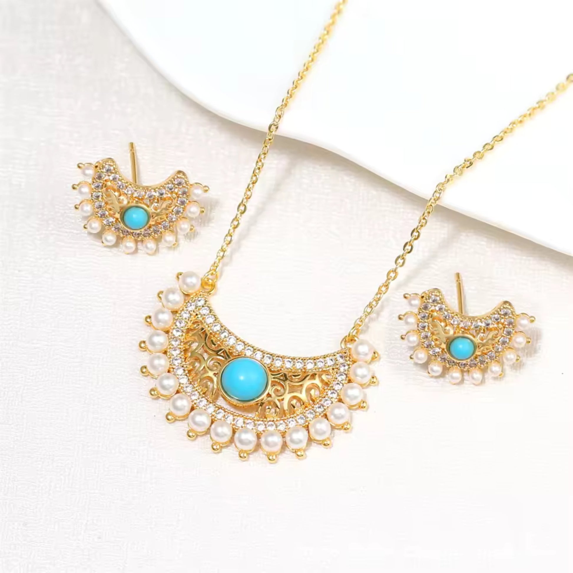 Retro Moon Crescent Turquoise and Diamond Pendant Necklace and Earrings Set