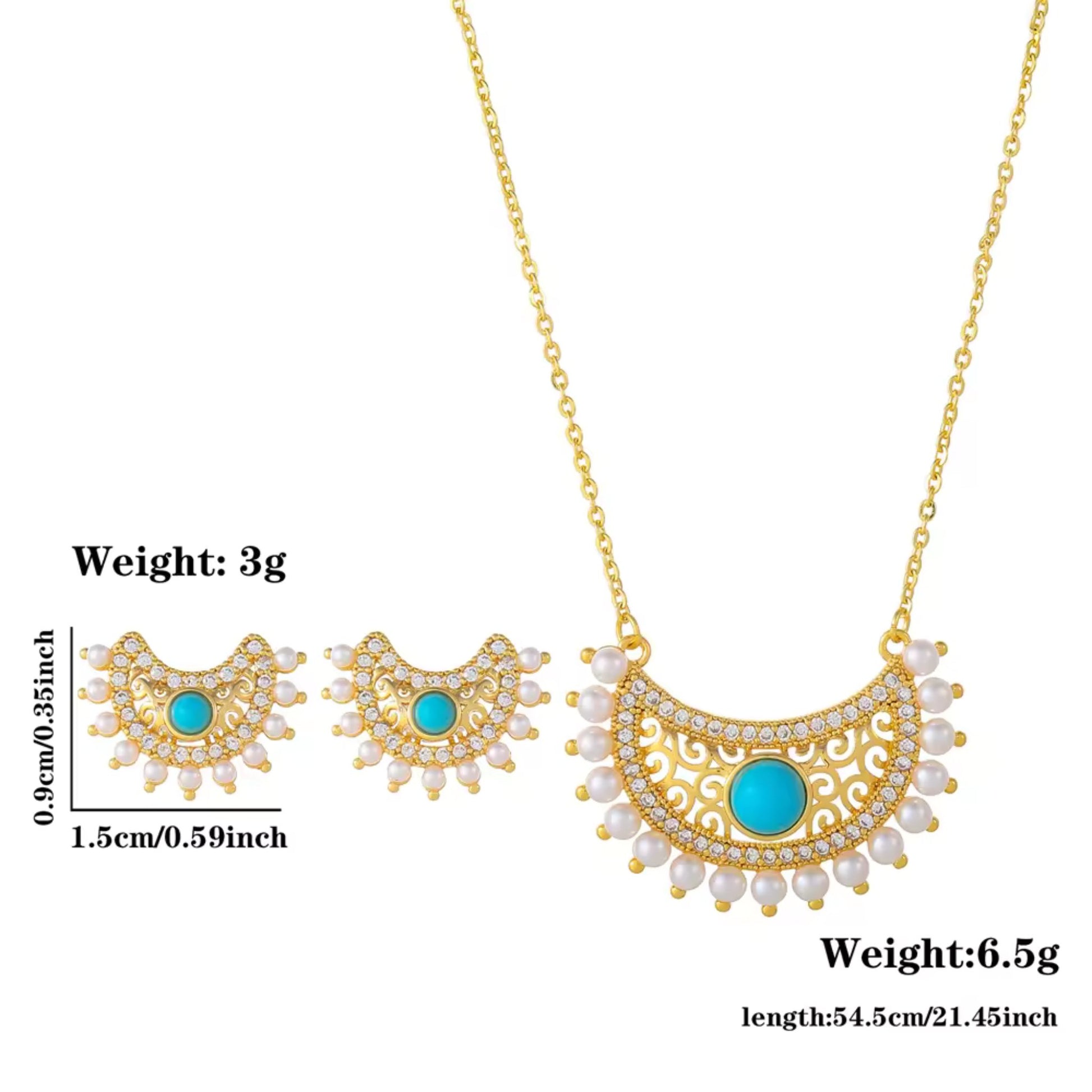 Retro Moon Crescent Turquoise and Diamond Pendant Necklace and Earrings Set