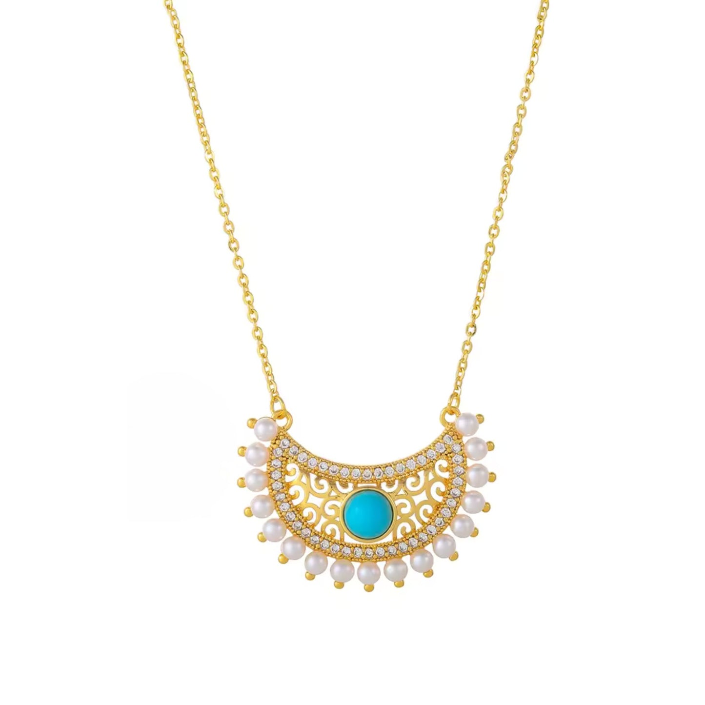 Retro Moon Crescent Turquoise and Diamond Pendant Necklace and Earrings Set