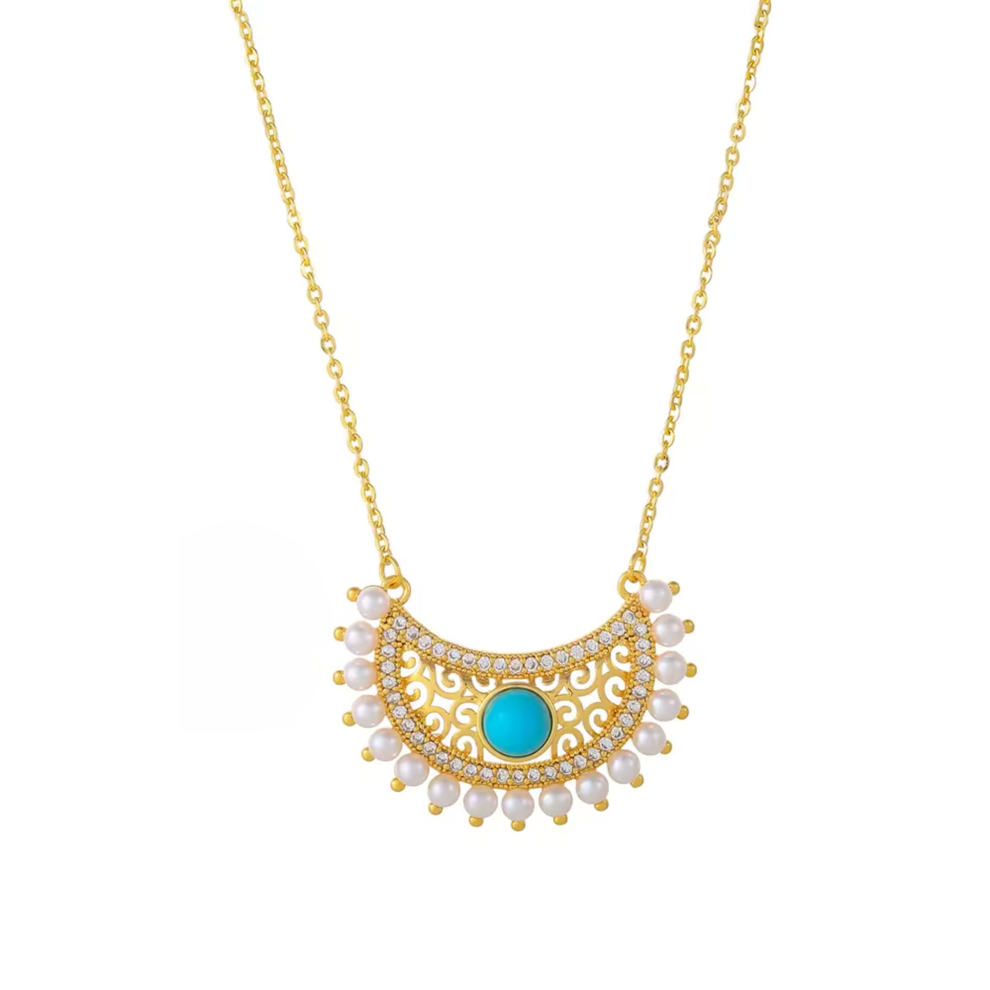 Retro Moon Crescent Turquoise and Diamond Pendant Necklace and Earrings Set
