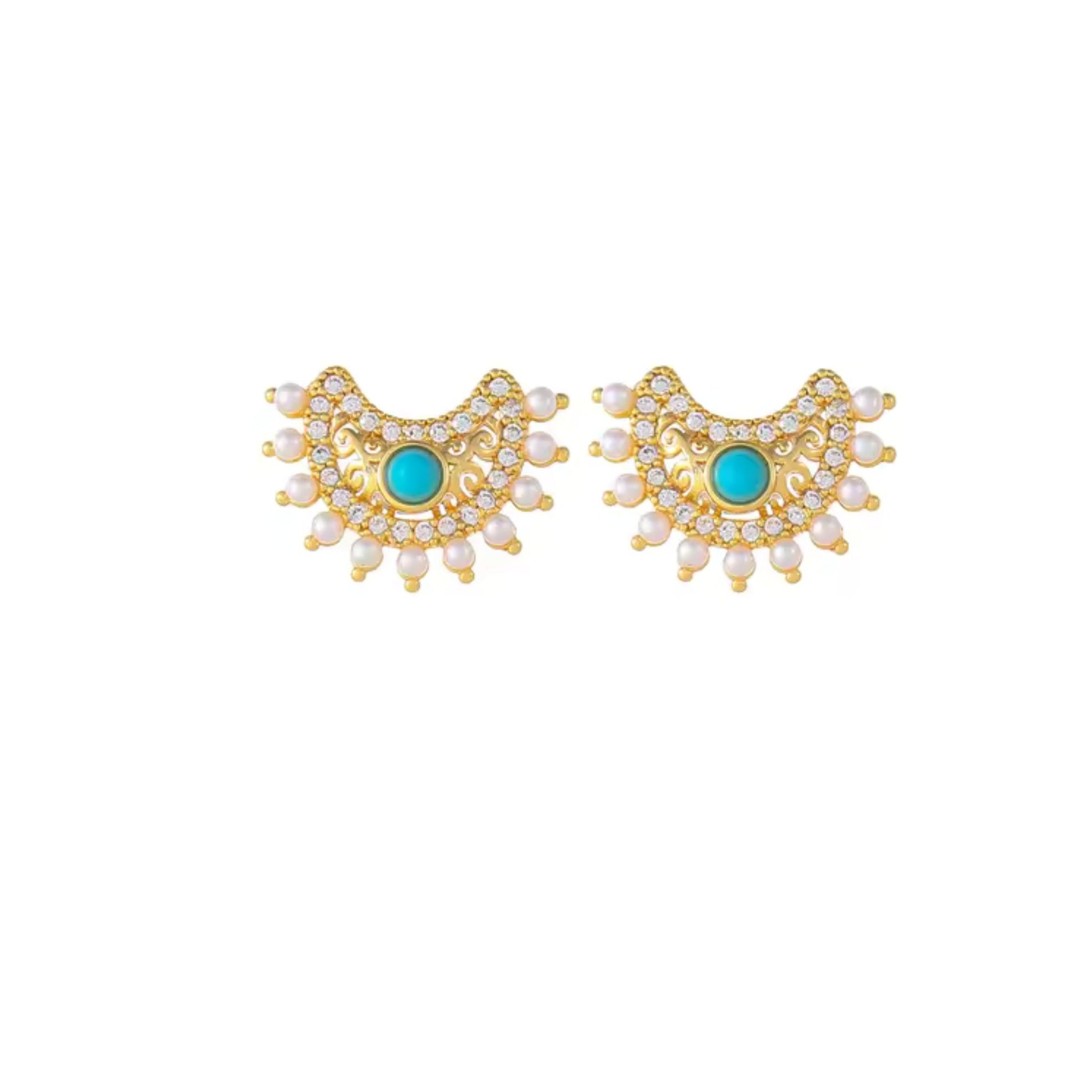 Retro Moon Crescent Turquoise and Diamond Pendant Necklace and Earrings Set