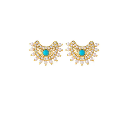 Retro Moon Crescent Turquoise and Diamond Pendant Necklace and Earrings Set