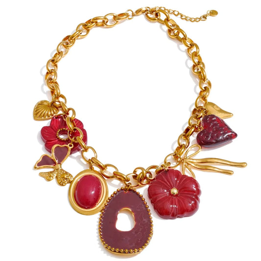 Scarlet Bloom Statement Charm Necklace