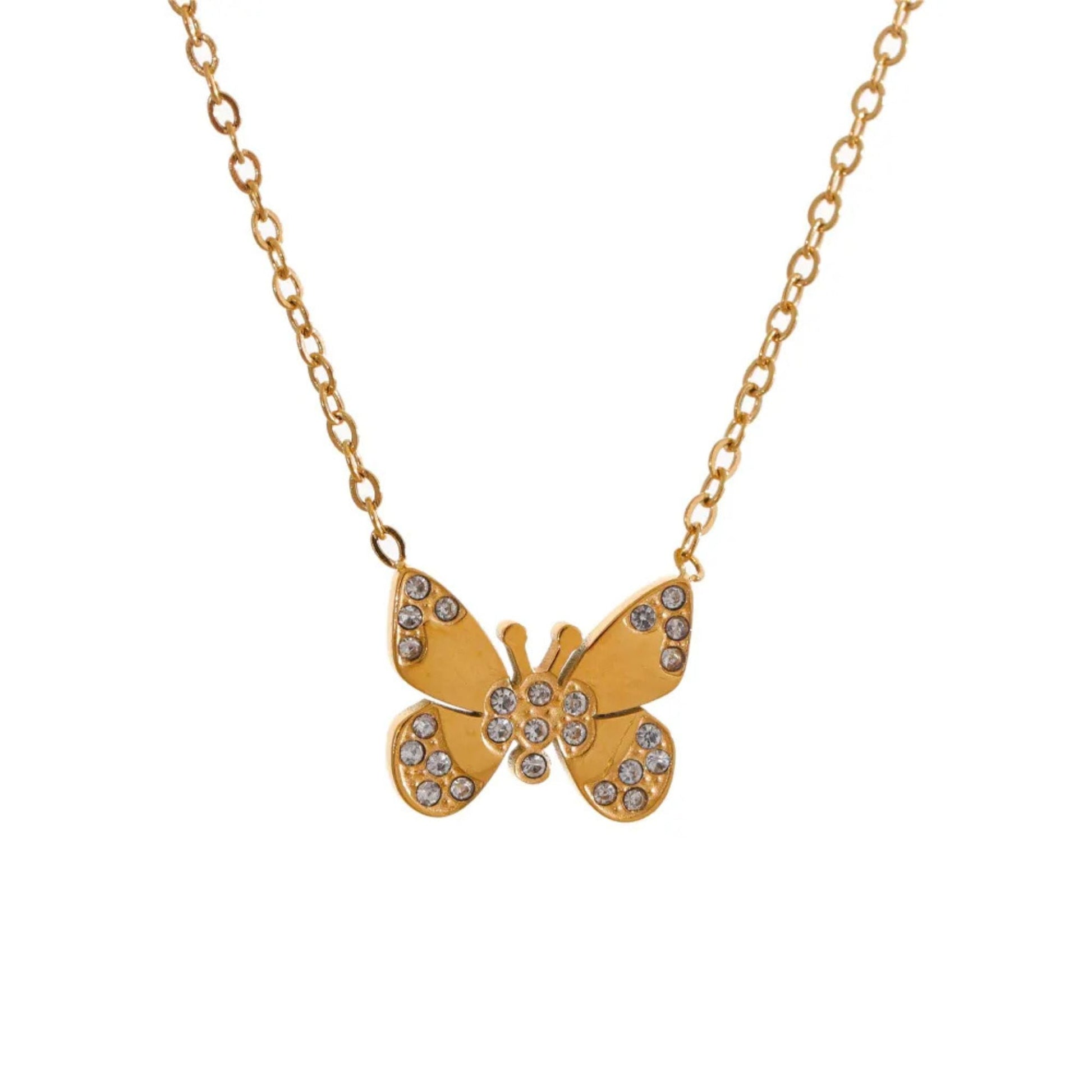 Gold-Plated Butterfly Necklace with Zircon Stones on White Background