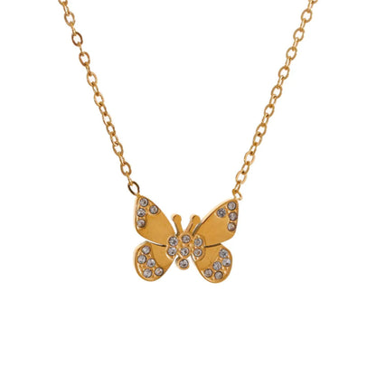 Gold-Plated Butterfly Necklace with Zircon Stones on White Background