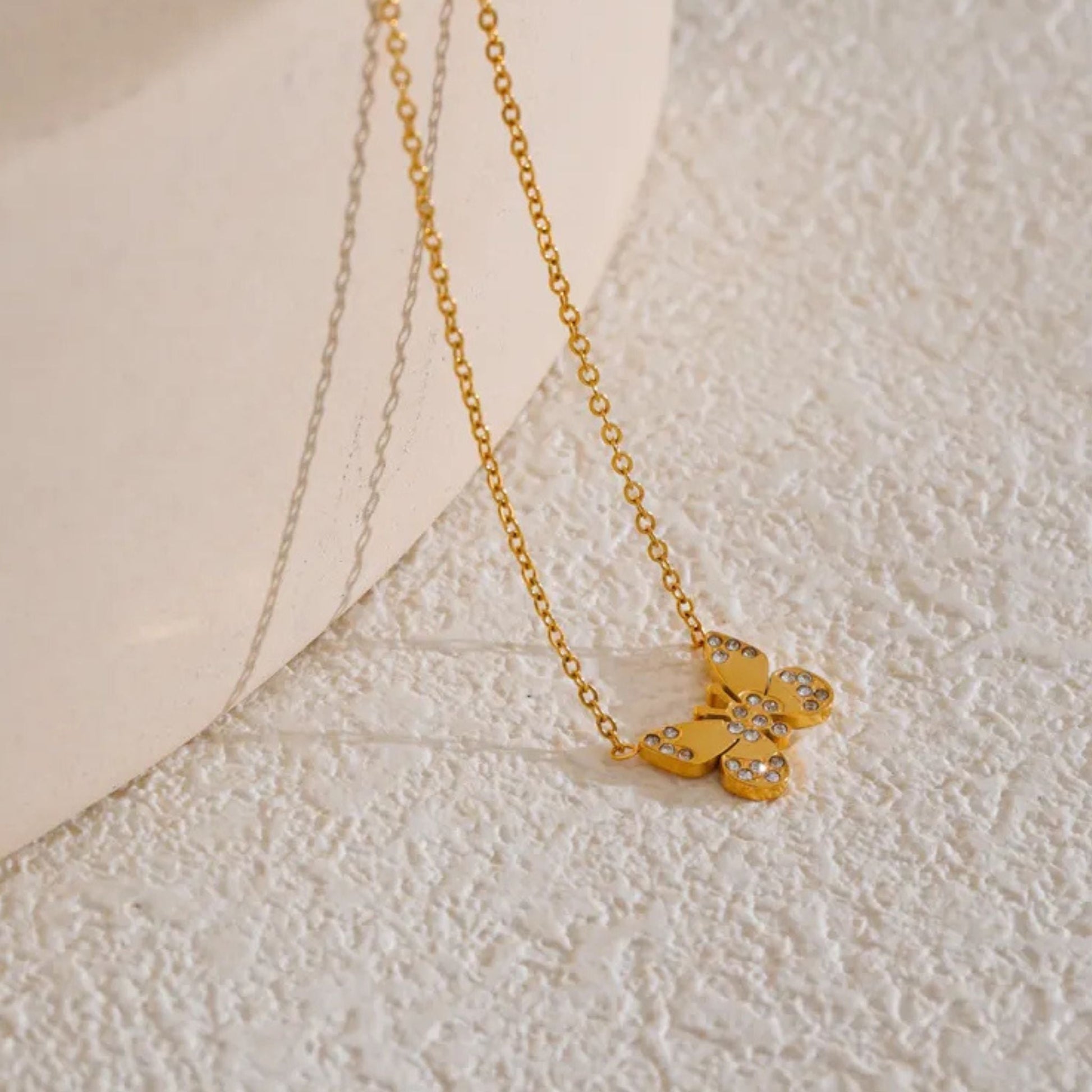 Side View of Butterfly Pendant Necklace Highlighting Sparkle