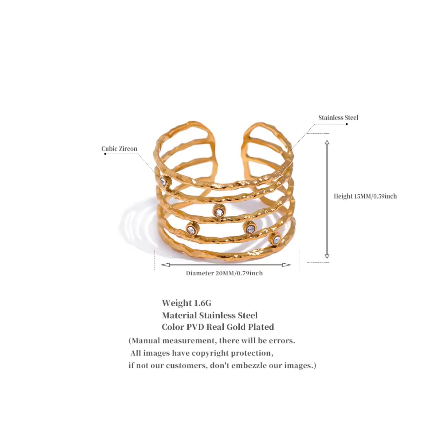 Strata Elegance Multi-Band Zircon 18K Gold Plated Ring
