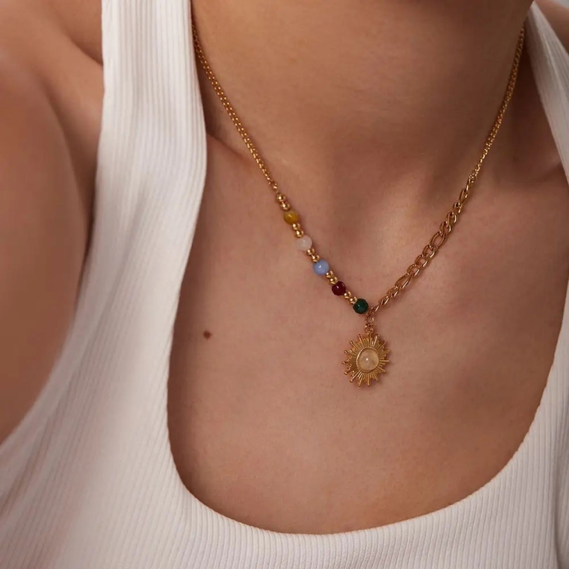 Sun Pendant Beaded Chain Necklace