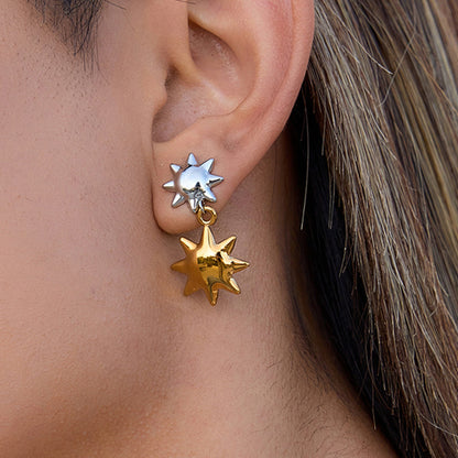 Sun & Star Drop Earrings – Two-Tone Stainless Steel
