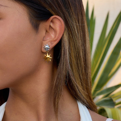Sun & Star Drop Earrings – Two-Tone Stainless Steel