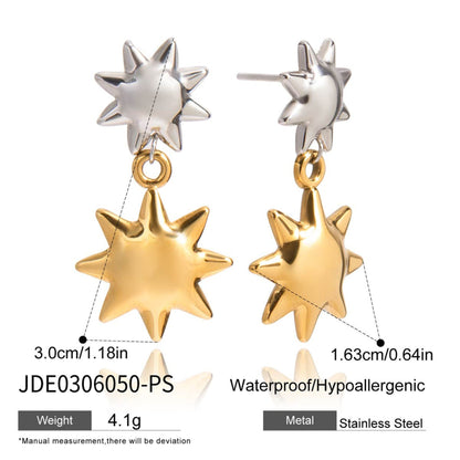 Sun & Star Drop Earrings – Two-Tone Stainless Steel