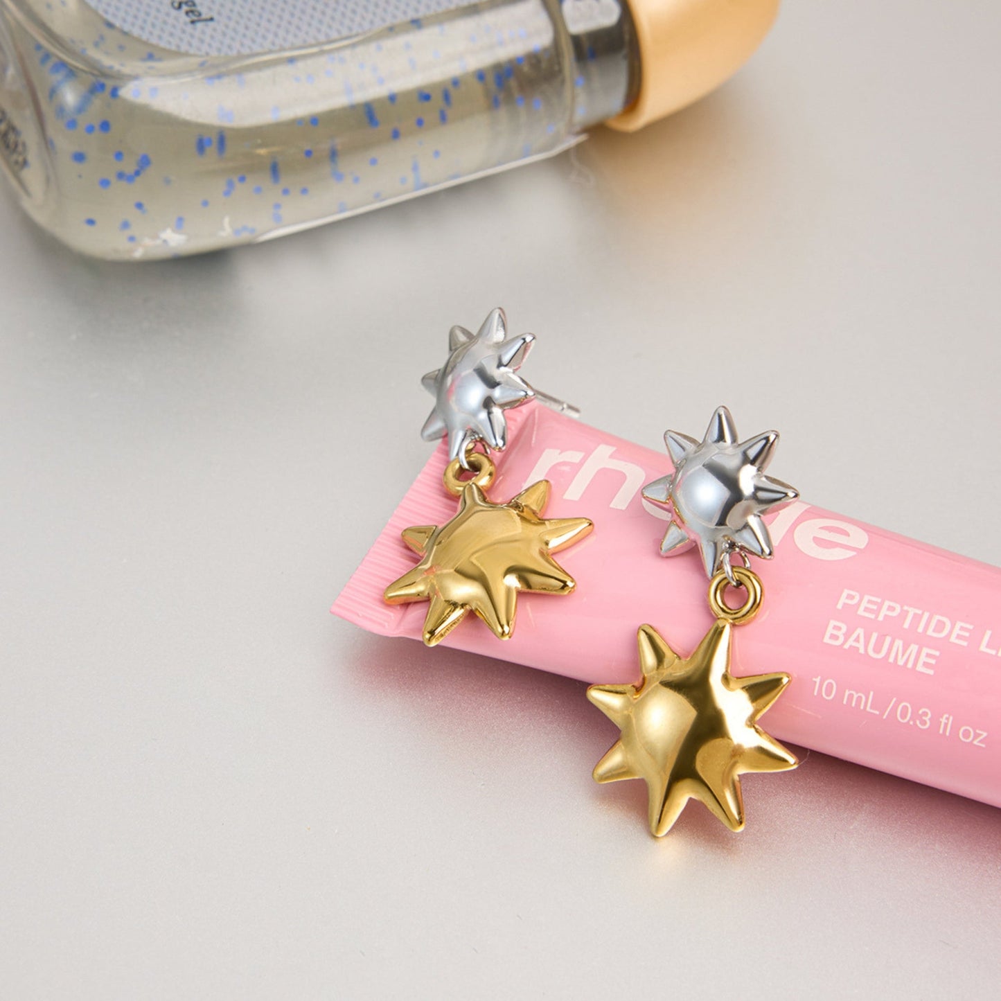 Sun & Star Drop Earrings – Two-Tone Stainless Steel