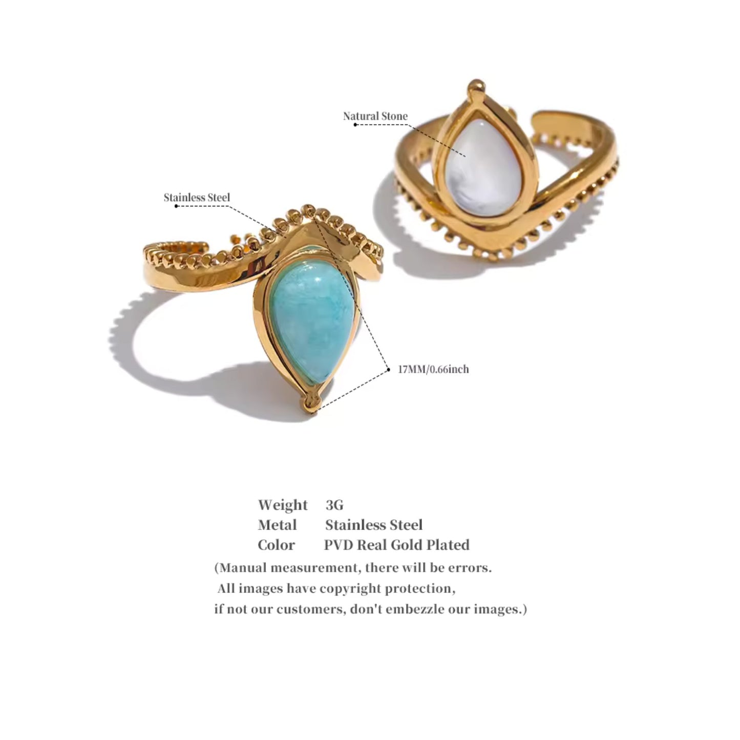 Teardrop Serenity Natural Stone 18K Gold Plated Ring
