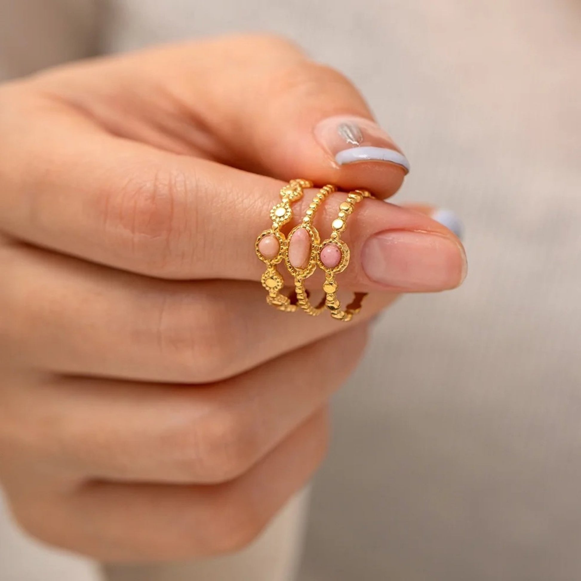 Tri-Layer Pink Gemstone Adjustable Ring