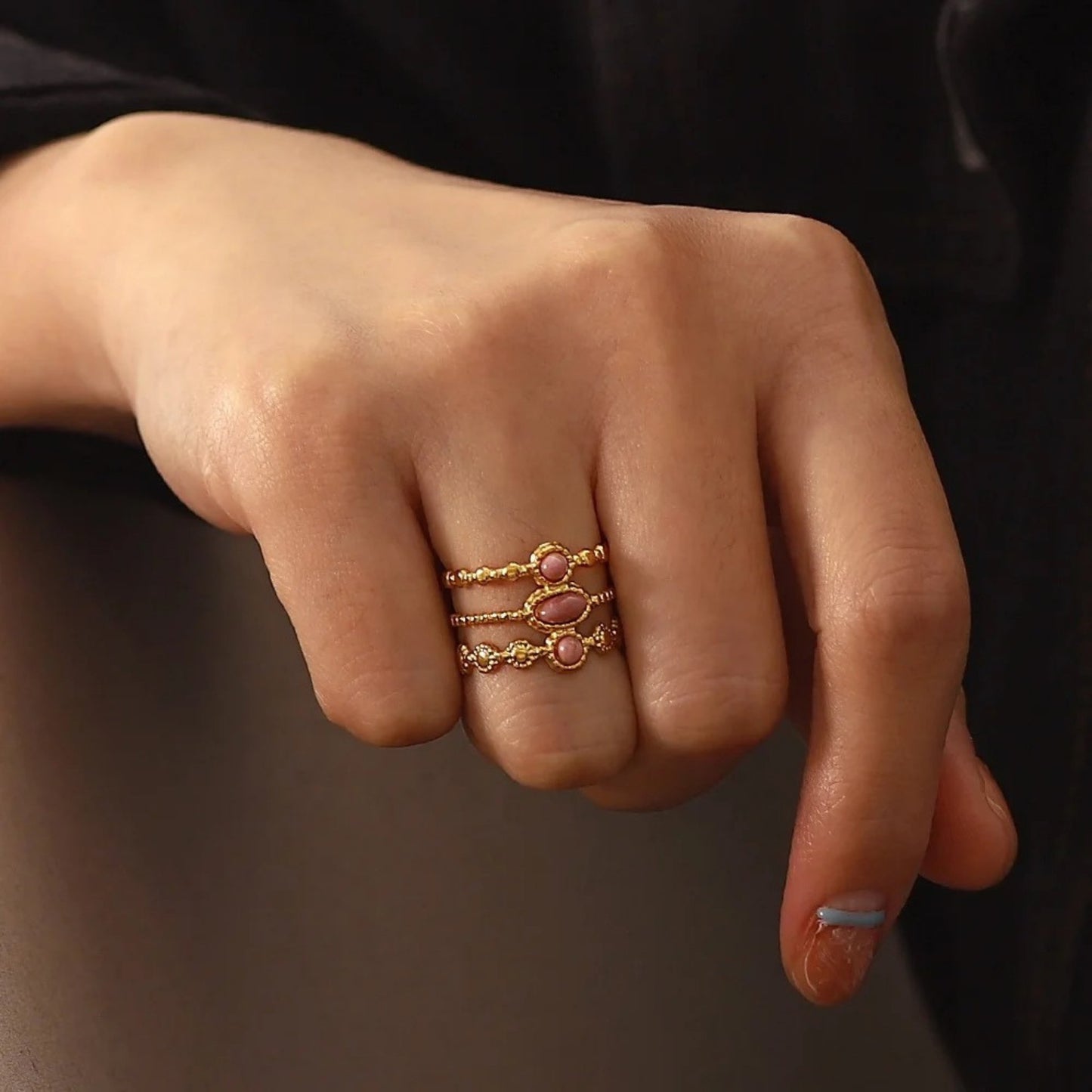 Tri-Layer Pink Gemstone Adjustable Ring