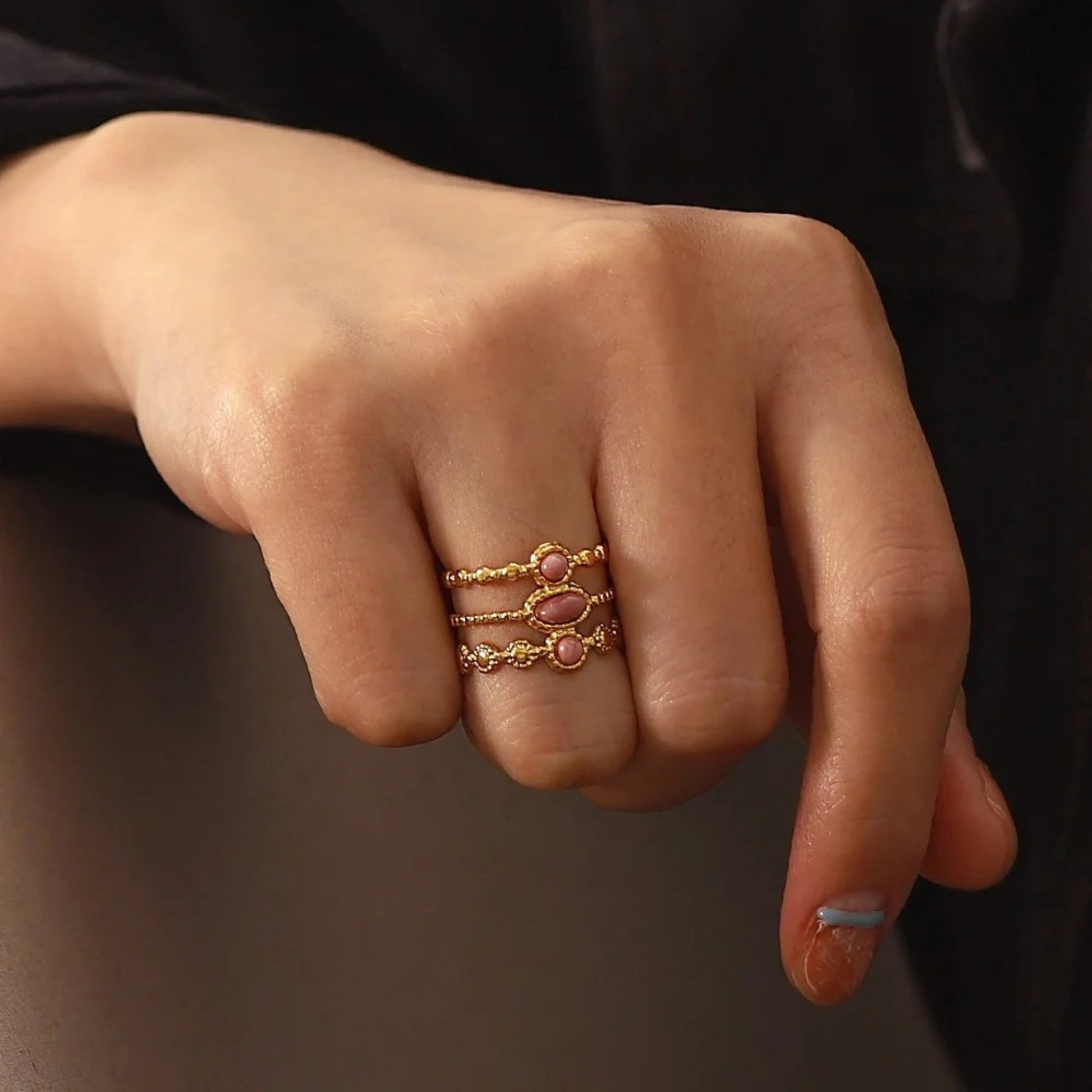 Tri-Layer Pink Gemstone Adjustable Ring