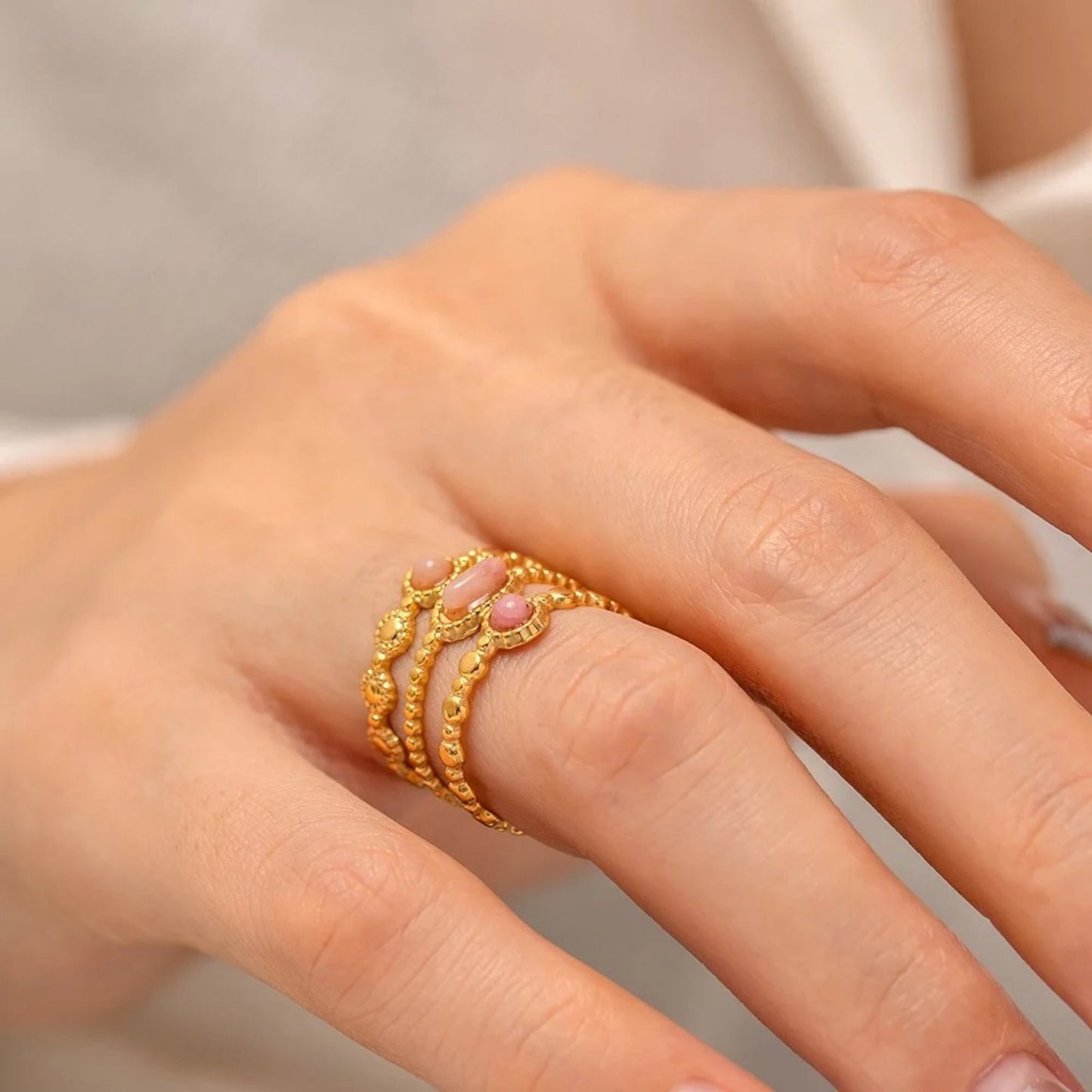 Tri-Layer Pink Gemstone Adjustable Ring