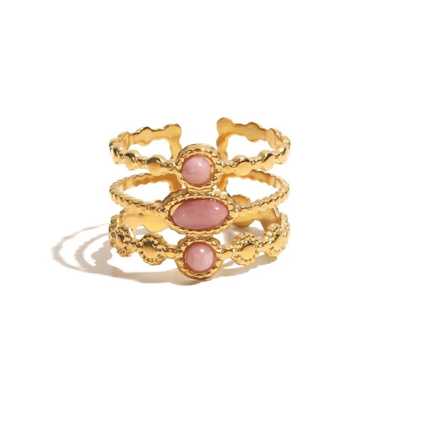 Tri-Layer Pink Gemstone Adjustable Ring