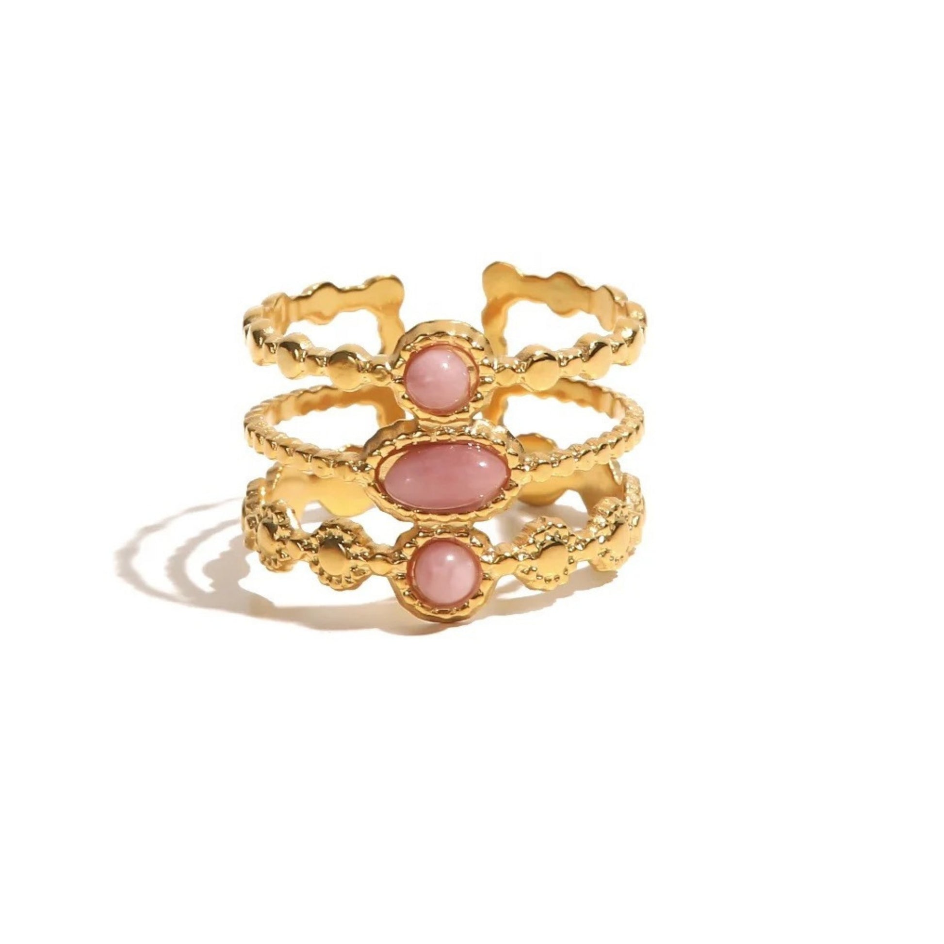 Tri-Layer Pink Gemstone Adjustable Ring