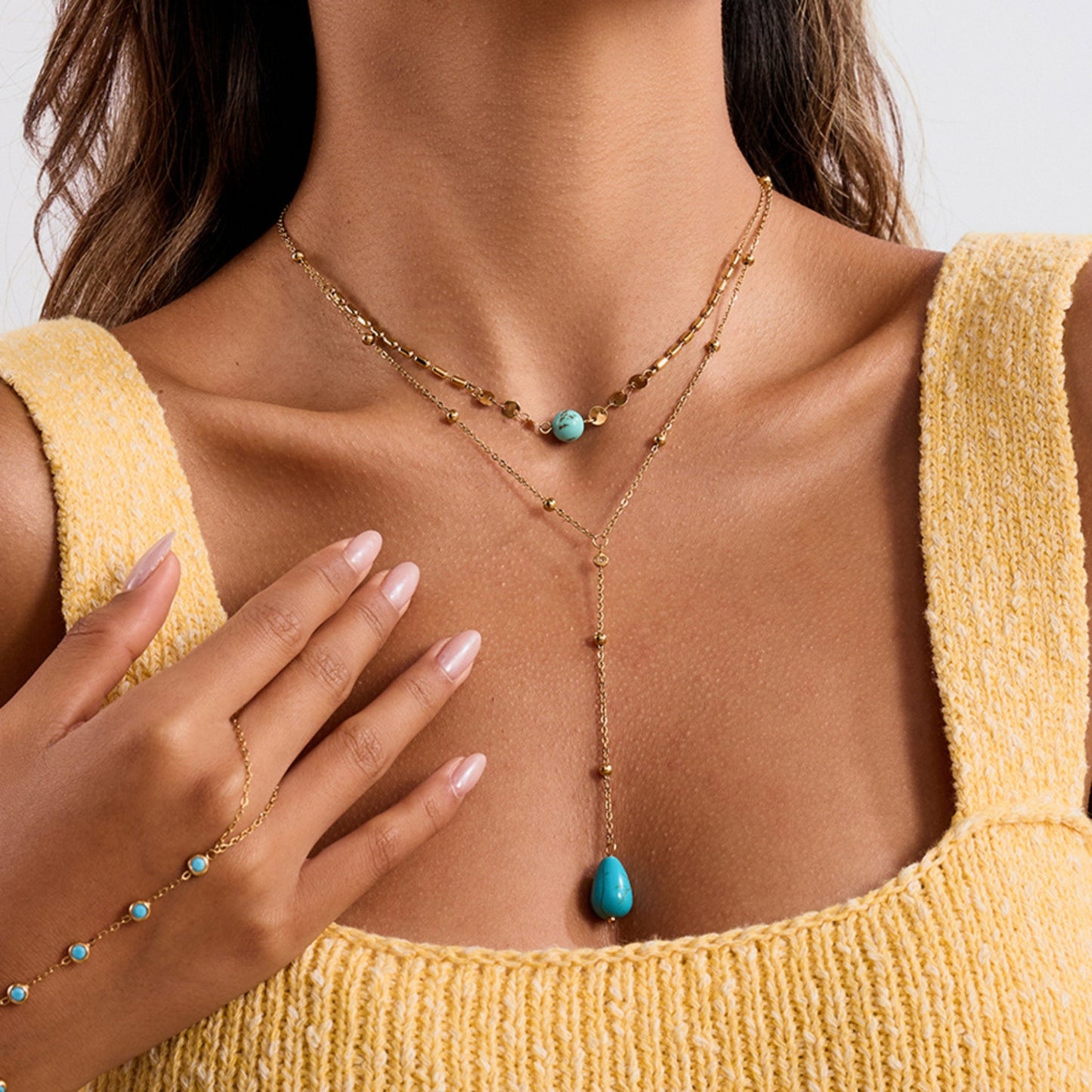 Turquoise Drop Layered Necklace – 18K Gold Stainless Steel