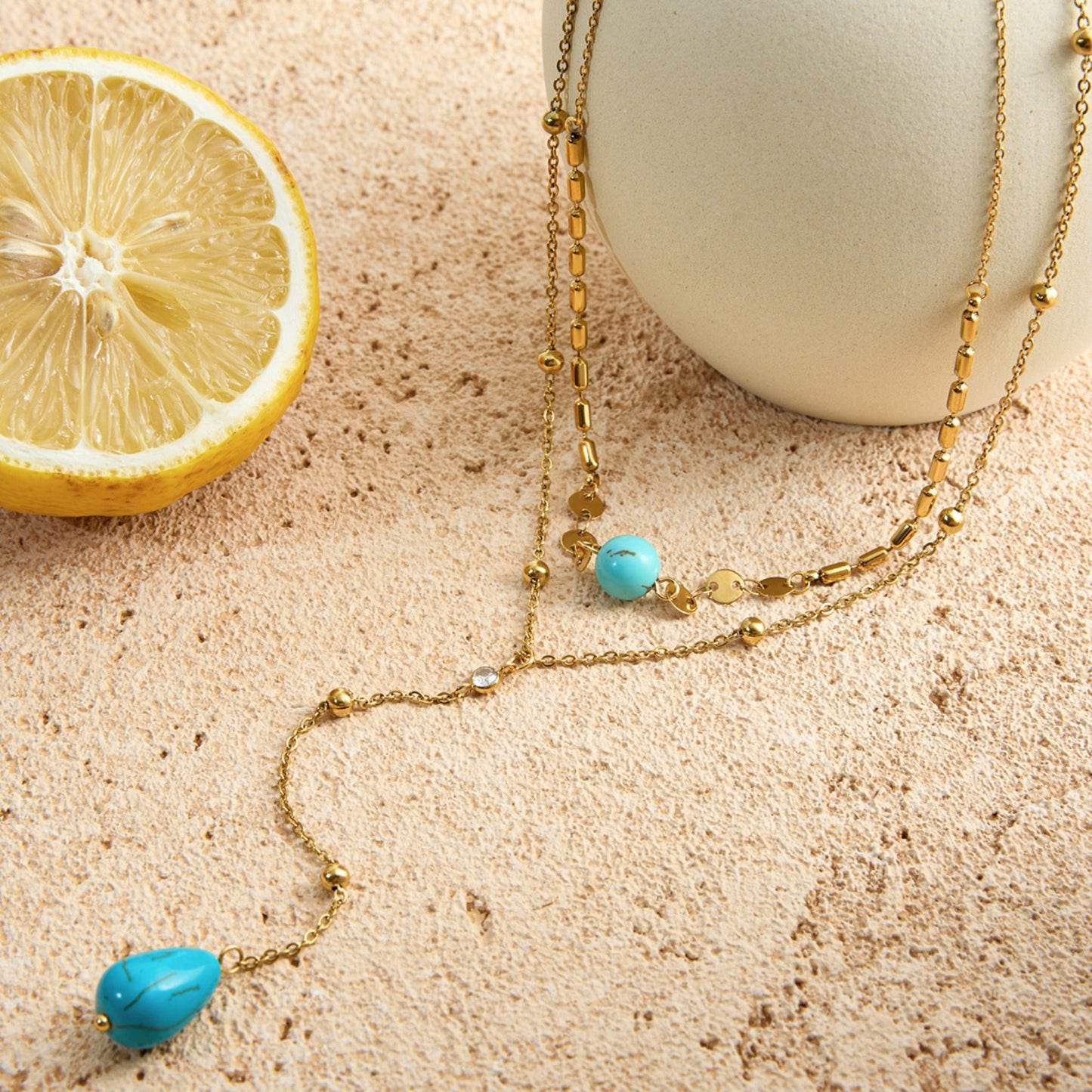 Turquoise Drop Layered Necklace – 18K Gold Stainless Steel