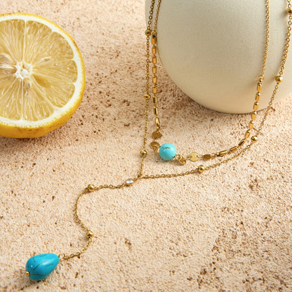 Turquoise Drop Layered Necklace – 18K Gold Stainless Steel