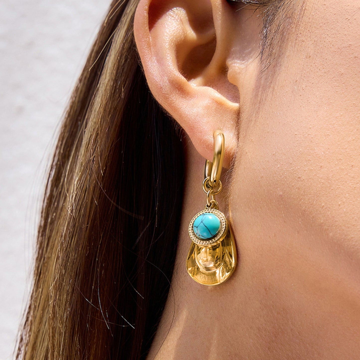 Turquoise & Pearl Charm Hoop Earrings – 18K Gold Plated