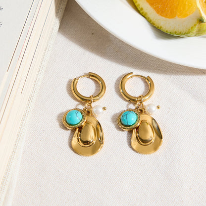 Turquoise & Pearl Charm Hoop Earrings – 18K Gold Plated