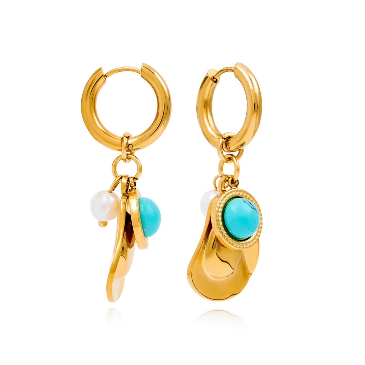 Turquoise & Pearl Charm Hoop Earrings – 18K Gold Plated