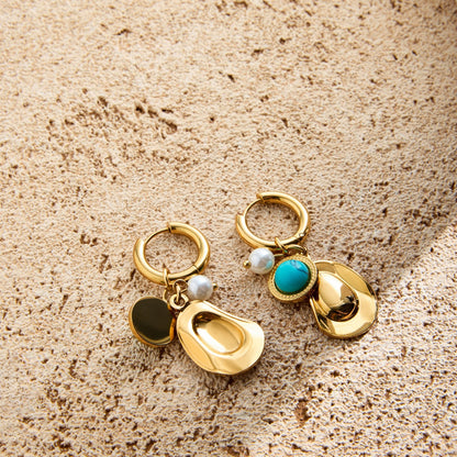 Turquoise & Pearl Charm Hoop Earrings – 18K Gold Plated
