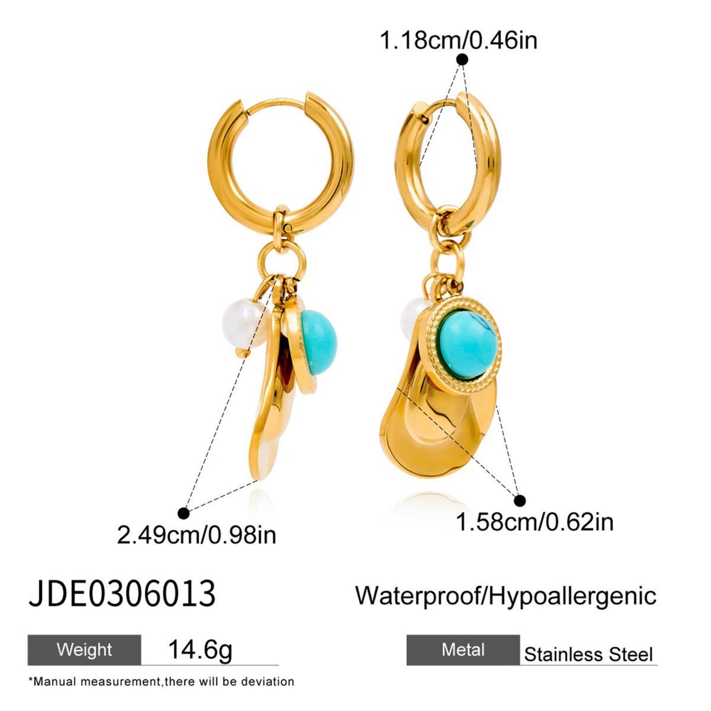 Turquoise & Pearl Charm Hoop Earrings – 18K Gold Plated