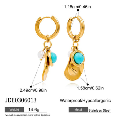 Turquoise & Pearl Charm Hoop Earrings – 18K Gold Plated
