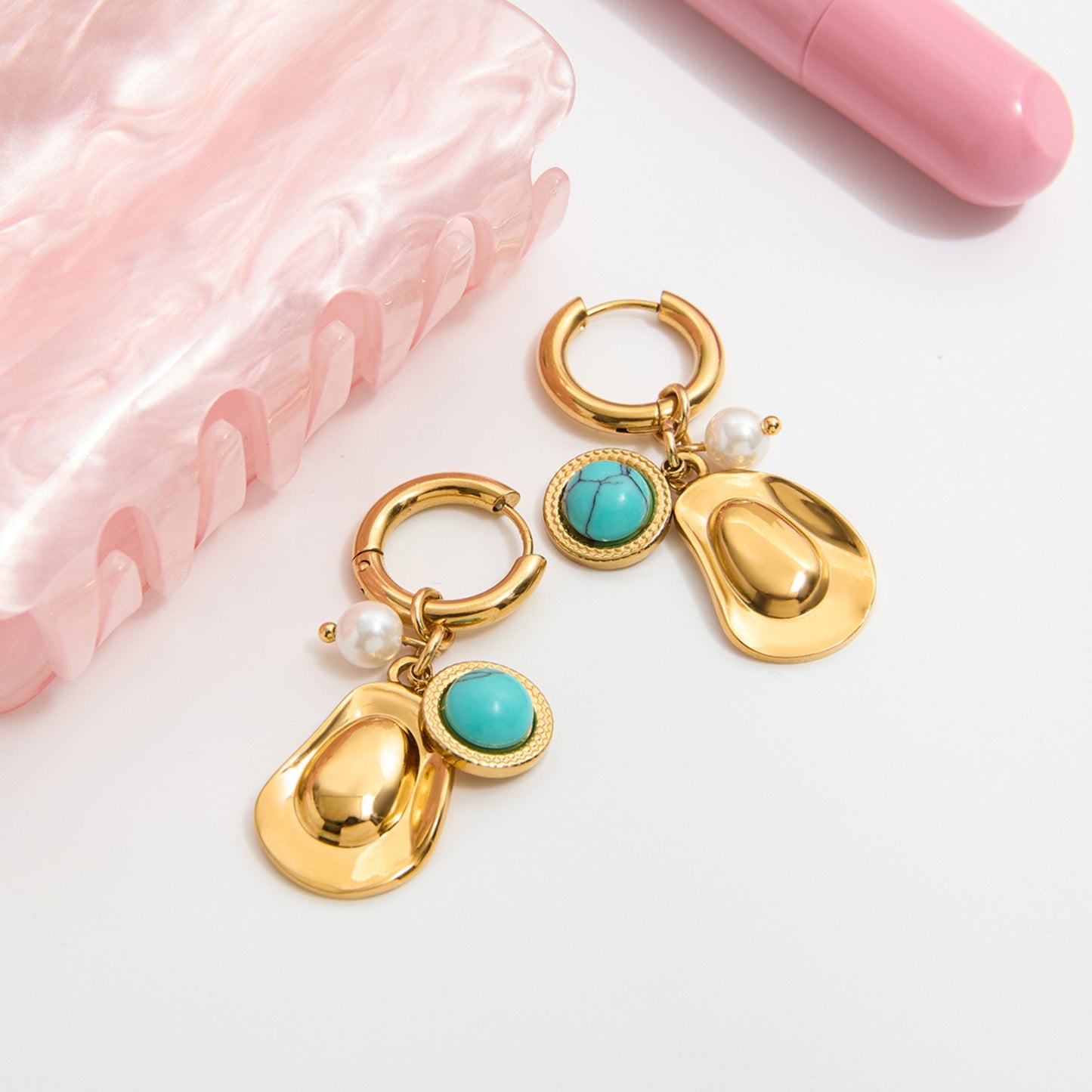 Turquoise & Pearl Charm Hoop Earrings – 18K Gold Plated