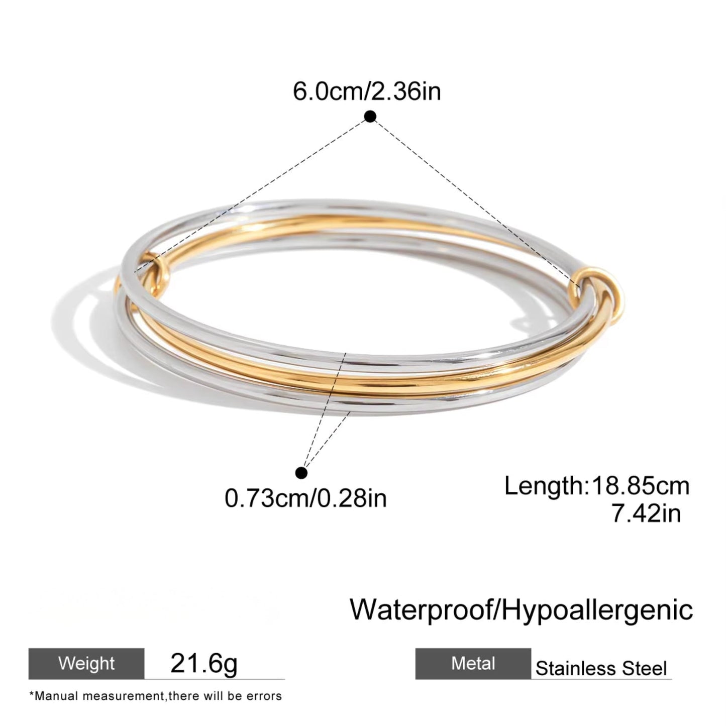 Two-Tone Interlocking Bangle – Silver & Gold 18K Stainless Steel Bracelet